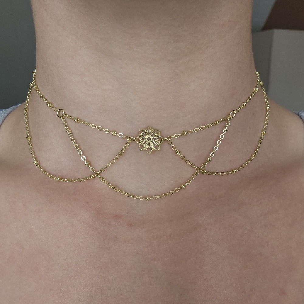 Intricate Gold Flower Choker Necklace